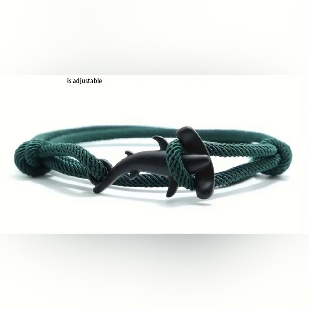 2/$20 Hammerhead Shark Metal Charm Green Nylon Rope Bracelet NEW NWT